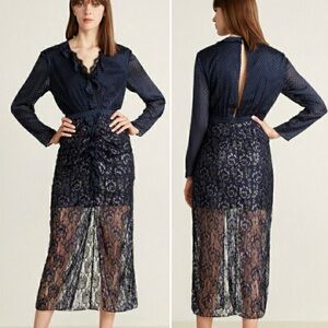 SALONI Yana Navy Ruffle Lace Midi Dress